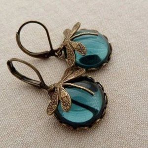 Silver/Blue Stone with Dragonfly Dangle Earrings